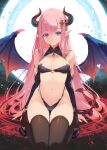  1girl bare_shoulders bikini black_thighhighs blue_eyes breasts commentary_request demon_girl demon_horns demon_tail demon_wings detached_sleeves earrings highleg highleg_bikini horns jewelry kirishima_satoshi long_hair looking_at_viewer magic_circle navel original pink_hair pointy_ears small_breasts smile solo swimsuit tail thighhighs wings 