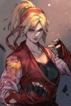  1girl blonde_hair blue_eyes bow clenched_hand collarbone dougi fingerless_gloves gloves high_ponytail hungry_clicker karate_gi lidia_sobieska long_hair looking_at_viewer red_bow red_lips scar scar_on_face solo tekken 