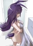  1girl absurdres animal_ears arknights ass breasts completely_nude covering_breasts covering_privates highres large_breasts long_hair material_growth nude open_mouth oripathy_lesion_(arknights) purple_hair rabbit_ears rabbit_girl rabbit_tail rope_(arknights) solo tail terebi- 