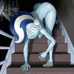  ambiguous_gender basement blue_body blue_skin butt crawling feet ghost ghoul_school hanna-barbera hi_res humanoid looking_at_viewer nipples phantasma_(ghoul_school) scooby-doo_(series) smudge_proof solo spirit stairs text toes zalgo_text 