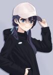  1girl adjusting_clothes adjusting_headwear alternate_costume baseball_cap black_hoodie blue_eyes blue_hair blue_ribbon blush closed_mouth commentary_request dark_blue_hair drop_shadow grey_background hair_between_eyes hair_ribbon hand_in_pocket hand_up hat highres hood hood_down hoodie link!_like!_love_live! long_hair long_sleeves looking_at_viewer love_live! low_twintails murano_sayaka ribbon simple_background smile solo split_mouth twintails upper_body virtual_youtuber wachida_01d white_hat 