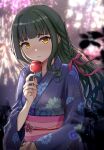  1girl aerial_fireworks blurry blurry_background blush braid candy_apple daysss fireworks floral_print_kimono food fujii_tomo green_hair hair_ribbon highres holding holding_food idolmaster idolmaster_cinderella_girls japanese_clothes kimono long_hair looking_at_viewer night obi outdoors ribbon sash solo yellow_eyes yukata 