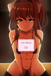  1girl absurdres audirenze bikini black_bikini black_thighhighs blush bow breasts brown_hair closed_mouth covered_nipples doki_doki_literature_club english_text green_eyes hair_bow highres large_breasts long_hair looking_at_viewer micro_bikini monika_(doki_doki_literature_club) navel ponytail smile solo swimsuit thighhighs white_bow 
