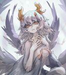  1girl antlers bird_girl bird_wings bright_pupils claws colored_eyelashes colored_sclera colored_skin cyany english_commentary feathered_wings grey_background grey_hair grey_skin grey_wings hair_between_eyes hands_up highres horns imuthar_(cyany) long_hair looking_at_viewer monster_girl multiple_horns multiple_wings orange_horns original parted_lips red_eyes solo thick_eyelashes upper_body wings yellow_sclera 