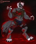 2023 absurd_res anthro blood bodily_fluids canid canine canis clothed clothing hair hi_res knife knife_in_mouth knife_play male mammal mythological_canine mythological_creature mythology object_in_mouth pawpads paws smile solo thaismotosuwa were werecanid werecanine werewolf white_hair wolf wounded