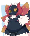  2022 anthro areola belly biped bottomwear clothed clothing digital_media_(artwork) generation_5_pokemon hi_res jimmiezangoo male navel nintendo nipples pokemon pokemon_(species) simple_background solo thick_thighs topless volcarona wide_hips 