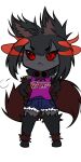  1girl :&lt; animal_ears animal_hands artist_request black_hair black_sclera black_skin chibi closed_mouth collar colored_sclera colored_skin dog_ears dog_girl dog_tail fang flaming_eyes full_body grey_skin hands_on_own_hips hellhound_(monster_girl_encyclopedia) highres long_hair looking_at_viewer monster_girl monster_girl_encyclopedia non-web_source powerpuff_girls puff_of_air red_eyes shirt short_shorts shorts simple_background solo source_request standing tail tank_top white_background 