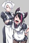  2girls a.k.i._(street_fighter) apron black_hair blunt_bangs crossed_arms dress fangs hair_horns hair_over_one_eye han_juri hands_on_own_hips heterochromia highres ilo_a5 leaning_forward maid maid_apron maid_headdress multicolored_hair multiple_girls neck_ribbon open_mouth pantyhose red_eyes ribbon short_dress short_hair streaked_hair street_fighter street_fighter_6 white_hair wrist_cuffs 