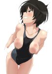 1girl amagami ass_visible_through_thighs bent_over black_eyes black_hair black_one-piece_swimsuit blue_one-piece_swimsuit blush breasts clenched_teeth clothes_pull clothing_aside collarbone competition_swimsuit cowboy_shot cropped_arms groin highleg highleg_swimsuit highres implied_sex looking_back medium_breasts motion_lines nanasaki_ai nipples one-piece_swimsuit one-piece_swimsuit_pull profile short_hair shou937 simple_background solo swimsuit swimsuit_aside teeth two-tone_swimsuit white_background 