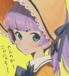  1girl black_ribbon blunt_bangs blush bonnet collared_dress commentary_request dress green_eyes hair_ribbon hat highres long_hair looking_at_viewer looking_to_the_side mochi_hiyoko mochipro neck_ribbon orange_dress orange_hat parted_lips portrait purple_hair ribbon simple_background smirk solo tamo_(gaikogaigaiko) translation_request twintails v-shaped_eyebrows virtual_youtuber yellow_background 