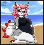  2024 anthro beach belly big_belly big_breasts black_border blazkenzxy blush border breasts canid canine clothed clothing digital_drawing_(artwork) digital_media_(artwork) epic_games eye_scar facial_scar female fortnite fox fur fur_markings hair hand_on_belly hi_res huge_belly inner_ear_fluff kimiko_five-tails kneeling looking_at_viewer mammal markings multi_tail multicolored_body multicolored_fur outside pawpads pink_hair pregnant pregnant_anthro pregnant_female red_body red_fur scar seaside signature smile solo swimwear tail tail_markings thick_thighs tuft two_tone_body two_tone_fur water white_body white_fur 