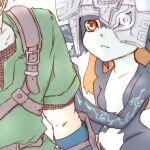  1boy 1girl 370ml belt breasts colored_sclera colored_skin green_tunic holding_arm link looking_at_another mask midna multicolored multicolored_skin one_eye_covered red_eyes short_sleeves simple_background small_breasts the_legend_of_zelda the_legend_of_zelda:_twilight_princess two-tone_skin upper_body white_background 