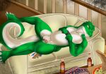  absurd_res alcohol alligator alligatorid anthro beer beverage bottle bulge checkhoff chips_(food) claws clothing container controller cregon crocodile crocodilian crocodylid food furniture game_controller genitals green_body hi_res humanoid_genitalia humanoid_penis male multicolored_body penis pizza pizza_box reptile scalie sofa solo two_tone_body white_body white_claws yellow_eyes 