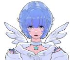  1girl black_eyes blue_hair blue_nails chromatic_aberration feathered_wings fingernails hands_up highres light_blue_hair long_sleeves looking_at_viewer mini_wings nail_polish original short_hair simple_background sleeves_past_wrists solo straight-on upper_body white_background white_wings wings yosh1to 