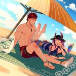  1boy 1girl abs bare_shoulders barefoot black_hat blue_one-piece_swimsuit breasts casual_one-piece_swimsuit cleavage commission diamant_(fire_emblem) feet fire_emblem fire_emblem_engage fire_emblem_heroes hat highres ivy_(fire_emblem) ivy_(summer)_(fire_emblem) long_hair male_swimwear mango_(mgosketches) mole mole_under_mouth official_alternate_costume one-piece_swimsuit purple_eyes purple_hair red_eyes red_hair short_hair swim_trunks swimsuit toes topless_male 