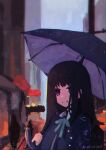  1girl absurdres aqua_ribbon black_hair chinese_commentary closed_mouth commentary_request highres holding holding_umbrella inoue_takina long_hair looking_at_viewer lycoris_recoil lycoris_uniform neck_ribbon outdoors people purple_eyes rain ribbon rnna sidelocks solo_focus umbrella upper_body 