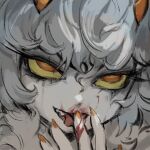  1girl blood blood_on_face blood_on_hands bright_pupils claws colored_sclera cyany english_commentary grey_hair hand_up highres horns imuthar_(cyany) licking licking_finger long_hair looking_at_viewer monster_girl open_mouth orange_eyes orange_horns original portrait solo tongue tongue_out yellow_pupils yellow_sclera 