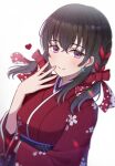  1girl absurdres blush braid commentary_request daysss earrings fujiwara_hajime hair_ribbon highres idolmaster idolmaster_cinderella_girls japanese_clothes jewelry kimono long_hair looking_at_viewer low_twintails purple_eyes ribbon ribbon_braid solo twintails 