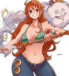  1girl aosora2823 arm_tattoo bikini bikini_top_only blue_pants breasts brown_eyes cleavage cowboy_shot earrings grin highres holding holding_staff jewelry large_breasts log_pose looking_at_viewer nami_(one_piece) navel one_piece orange_hair pants pearl_earrings simple_background smile staff swimsuit tattoo white_background zeus_(one_piece) 