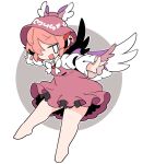  1girl animal_ears barefoot bird_ears bird_wings brown_dress brown_hat collared_shirt dress full_body grey_eyes hat highres ini_(inunabe00) long_sleeves looking_at_viewer mystia_lorelei open_mouth pink_hair shirt short_hair sleeve_garter smile solo touhou white_shirt white_wings winged_hat wings 