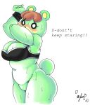  animal_crossing anthro big_breasts blush bodily_fluids bottomless bra breasts charlise_(animal_crossing) chubby_female clothed clothing covering covering_self featureless_crotch female hi_res mammal nintendo panthera_cantus solo sports_bra sweat underwear ursid video_games wide_hips wristband 