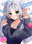  1girl absurdres alternate_costume black_camisole camisole claw_pose ear_piercing elf food frieren fruit green_eyes grey_hair grey_jacket hands_up highres jacket jewelry necklace pawsup peach piercing pointy_ears solo sousou_no_frieren strawberry twintails 