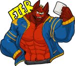  2016 alpha_channel anthro badge belt big_muscles canid canine clothing cup eyewear fierglief fierglief_(character) fox fur glasses grin hand_in_pocket holding_object huge_muscles jacket looking_at_viewer male mammal muscular pockets red_body red_fur sharp_teeth simple_background smile solo teeth text topwear transparent_background were werecanid werecanine werefox 