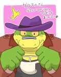 2024 alligator alligatorid anthro blush bodily_fluids brok_(brok_the_investigator) brok_the_investigator clothing cowcat_games crocodilian green_body hat headgear headwear hi_res humanoid_hands japanese_text kemono male overweight overweight_male reptile scalie shachi_ojisan shirt solo sweat text topwear underwear