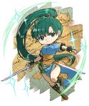  1girl black_gloves blue_dress breasts brown_footwear closed_mouth delsaber dress earrings fingerless_gloves fire_emblem fire_emblem:_the_blazing_blade full_body gloves green_eyes green_hair highres holding holding_sword holding_weapon jewelry long_hair looking_at_viewer lyn_(fire_emblem) map_background ponytail sheath short_sleeves solo sword thighs very_long_hair weapon 