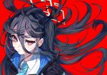  &lt;key&gt;_(blue_archive) 1girl absurdly_long_hair black_hair black_hairband blue_archive blue_halo blue_necktie closed_mouth collared_shirt hairband halo hanozuku highres jacket long_hair looking_at_viewer necktie open_clothes open_jacket portrait red_background red_eyes shirt simple_background solo very_long_hair white_jacket white_shirt 