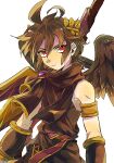  1boy ahoge angel angel_wings armlet black_hair black_scarf dark_pit kid_icarus kid_icarus_uprising laurel_crown looking_at_viewer male_focus red_eyes scarf simple_background solo vambraces white_background wings yutapo 