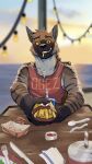 9:16 anthro beach food fries hi_res hyena male mammal nullyeen redline_(undefeated) sharing_food solo sunset undefeated 