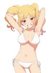  1girl adjusting_hair aikatsu!_(series) aikatsu_stars! armpits arms_behind_head arms_up bikini blonde_hair blush breasts cleavage collarbone commentary cowboy_shot eyebrows_visible_through_hair gradient_hair grin groin halterneck highres large_breasts long_hair looking_at_viewer midriff multicolored_hair navel nijino_yume open_mouth orange_eyes osame pink_hair sidelocks simple_background smile solo stomach sweat swimsuit symbol_commentary teeth tsurime twintails white_background white_bikini 