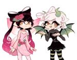  2girls bad_id bad_tumblr_id belt belt_buckle black_dress black_pantyhose bow-shaped_hair buckle callie_(splatoon) cephalopod_eyes charamells closed_mouth commentary cousins cowboy_shot demon_costume demon_horns demon_wings dress dress_flower drill_hair earrings english_commentary eyelashes fairy fairy_wings fangs floral_print flower flower_earrings ghost_pose gradient_hair green_horns green_pantyhose green_wings grey_belt grey_shirt grey_sleeves halloween_costume happy horns jewelry leaf long_sleeves looking_at_viewer marie_(splatoon) multicolored_hair multiple_girls open_mouth pantyhose pink_dress pink_flower pink_pantyhose pink_rose pink_sleeves pink_wings pointy_ears rose rose_print shirt short_dress short_hair simple_background smile splatoon_(series) strapless strapless_dress striped_clothes striped_pantyhose teeth tentacle_hair turtleneck turtleneck_shirt twin_drills twintails two-tone_pantyhose white_background white_hair wings yellow_eyes 