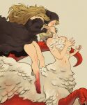  2girls barefoot black_dress blonde_hair blood_on_feet brown_background centaur&#039;s_kiss chimera closed_eyes commentary dragon_tail dress dungeon_meshi english_commentary facing_another falin_touden falin_touden_(chimera) feathered_wings fine_art_parody from_side fur-trimmed_dress fur_trim hand_on_another&#039;s_head hands_up head_back head_scarf interspecies kiss legs long_hair marcille_donato marcille_donato_(lord) monster_girl multiple_girls navel off-shoulder_dress off_shoulder parody profile scales short_hair simple_background sleeves_past_wrists tail taur tuherrus wings yuri 