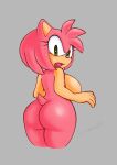 amy_rose anthro artist_name big_breasts big_butt biped blush blush_lines bob_cut breasts butt curvy_female curvy_figure eulipotyphlan eyelashes female forehead_tuft fur glistening glistening_body green_eyes hedgehog hi_res hourglass_figure long_eyelashes looking_at_viewer looking_back looking_back_at_viewer mammal multicolored_body nude_female open_mouth pink_body pink_fur raised_tail rear_view saiyaman22 sega side_boob simple_background small_tail small_waist solo sonic_the_hedgehog_(series) surprised_expression tail tan_body two_tone_body wide_hips