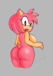  amy_rose anthro artist_name big_breasts big_butt biped blush blush_lines bob_cut breasts butt curvy_female curvy_figure eulipotyphlan eyelashes female forehead_tuft fur glistening glistening_body green_eyes hedgehog hi_res hourglass_figure long_eyelashes looking_at_viewer looking_back looking_back_at_viewer mammal multicolored_body nude_female open_mouth pink_body pink_fur raised_tail rear_view saiyaman22 sega side_boob simple_background small_tail small_waist solo sonic_the_hedgehog_(series) surprised_expression tail tan_body two_tone_body wide_hips 