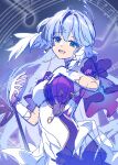  1girl :d aqua_eyes blue_hair commentary dress gloves highres honkai:_star_rail honkai_(series) long_hair looking_at_viewer open_mouth pattikou robin_(honkai:_star_rail) sketch smile solo upper_body very_long_hair white_dress white_gloves 