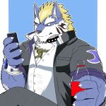  1:1 2021 anthro bdsm blonde_hair blue_body blue_eyes blue_fur bondage bound bracelet canid canine canis cellphone claws clothing collar ear_piercing ear_ring eyebrows facial_markings fenrir_(housamo) fur hair head_markings holding_object holding_phone humanoid_hands jewelry mammal markings mizunabe phone piercing rope rope_bondage rope_harness smartphone solo tokyo_afterschool_summoners video_games white_body white_clothing white_eyebrows white_fur wolf 