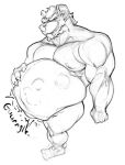 abdominal_bulge absurd_res anthro belly biceps big_belly big_pecs bodily_fluids bodily_noises breasts canid canine digestion digestion_noises digital_media_(artwork) drooling gnoll hair hi_res holding_belly hyena looking_at_viewer male mammal monochrome musclegut muscular muscular_anthro muscular_male nipples nude pecs pynkjem rumbling_stomach saliva simple_background smile smiling_at_viewer smirk smirking_at_viewer solo sound_effects spotted_hyena vore