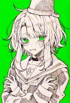  1girl blush bucket bucket_on_head choker green_background green_eyes hair_ornament kimi_ga_shine kizuchi_kanna long_sleeves monochrome nail_polish nie3nie3 object_on_head school_uniform serafuku short_hair_with_long_locks sleeves_past_wrists solo spot_color sweat 