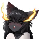  &gt;_&lt; 1girl akibesuto animal_ears awooo_(pose) black_skin blush closed_eyes colored_skin dog_ears dog_girl flaming_eye flaming_eyes grey_skin hellhound_(monster_girl_encyclopedia) highres monster_girl monster_girl_encyclopedia shirt signature simple_background solo triangle_mouth white_background white_shirt 