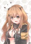  1girl 404_logo_(girls_frontline) :3 absurdres armband bangs bikini bikini_top breasts brown_eyes brown_hair cleavage clip_studio_paint_(medium) eyebrows_visible_through_hair girls_frontline hair_between_eyes hair_ornament hair_ribbon hairclip highres hiromaster_sinta_jh hood hood_down hooded_jacket jacket large_breasts long_hair open_clothes open_jacket open_mouth ribbon scarf smile solo swimsuit twintails ump9_(girls_frontline) 