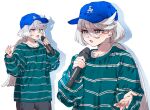  1girl alternate_costume baseball_cap belletaku blue_hat cosplay green_shirt grey_eyes grey_hair gundam gundam_suisei_no_majo hair_between_eyes hat highres holding holding_microphone long_hair long_sleeves los_angeles_dodgers microphone min_hee-jin min_hee-jin_(cosplay) miorine_rembran multiple_views open_mouth real_life shadow shirt simple_background standing striped_clothes striped_shirt swept_bangs talking white_background 