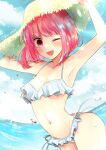  1girl absurdres arima_kana bikini blush bob_cut breasts hat highres inverted_bob looking_at_viewer medium_breasts medium_hair navel one_eye_closed open_mouth oshi_no_ko red_eyes red_hair short_hair smile solo stomach swimsuit white_bikini yurigera_8959 