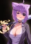  1girl absurdres ahoge animal_ear_fluff animal_ears baseball_bat black_collar blush breasts cat_ears cat_girl cleavage collar collared_shirt eyepatch highres holding holding_baseball_bat hololive jacket kumoru_(kumoru_145) large_breasts medium_hair naked_shirt nekomata_okayu nekomata_okayu_(oversized_shirt) official_alternate_costume open_mouth purple_eyes purple_hair purple_jacket ryuu_ga_gotoku_(series) shirt smile virtual_youtuber white_shirt 