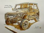  artist_name dated ishimoto_takumi motor_vehicle original paintbrush painting_(medium) photo_(medium) sepia shadow sports_utility_vehicle suzuki_(company) suzuki_jimny traditional_media twitter_username vehicle_focus vehicle_name watercolor_(medium) white_background 