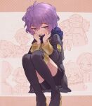  1girl 4boys bernadetta_von_varley boots carrying caspar_von_bergliez cravat ferdinand_von_aegir fire_emblem fire_emblem:_three_houses garreg_mach_monastery_uniform highres hood hubert_von_vestra linhardt_von_hevring multiple_boys purple_eyes purple_hair shorts shorts_under_skirt shoulder_carry sketchbook skirt soto tears thigh_boots thighhighs 