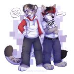  2016 anthro applepup biped black_ears black_hair black_nose black_tail bottomwear canid canine canis clothed clothing crossed_arms dialogue diaper diaper_under_clothing duo felid grey_ears grey_tail hair hi_res hoodie kerchief male mammal multicolored_hair neckerchief pantherine pants pouting purple_eyes red_hair shirt snow_leopard speech_bubble spotted_for t-shirt tail teasing topwear two_tone_hair wearing_diaper white_hair wolf 