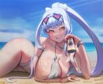  1girl beach beer_can bikini blue_hair blush breast_rest breasts can cleavage collarbone drink_can grin halterneck heart heart-shaped_eyewear highleg highleg_bikini highres hraesvelgr_(last_origin) huge_breasts large_breasts last_origin long_hair lying nyanom ocean on_side orange_eyes ponytail sidelocks sky smile solo swimsuit tinted_eyewear very_long_hair wide_hips 